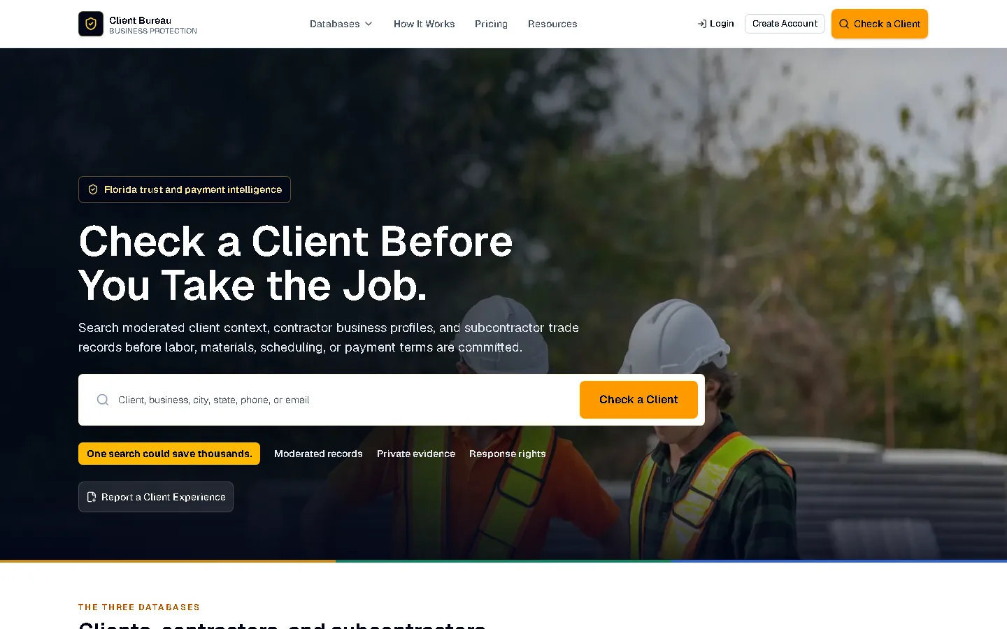Client Bureau live homepage showing contractor client screening tools