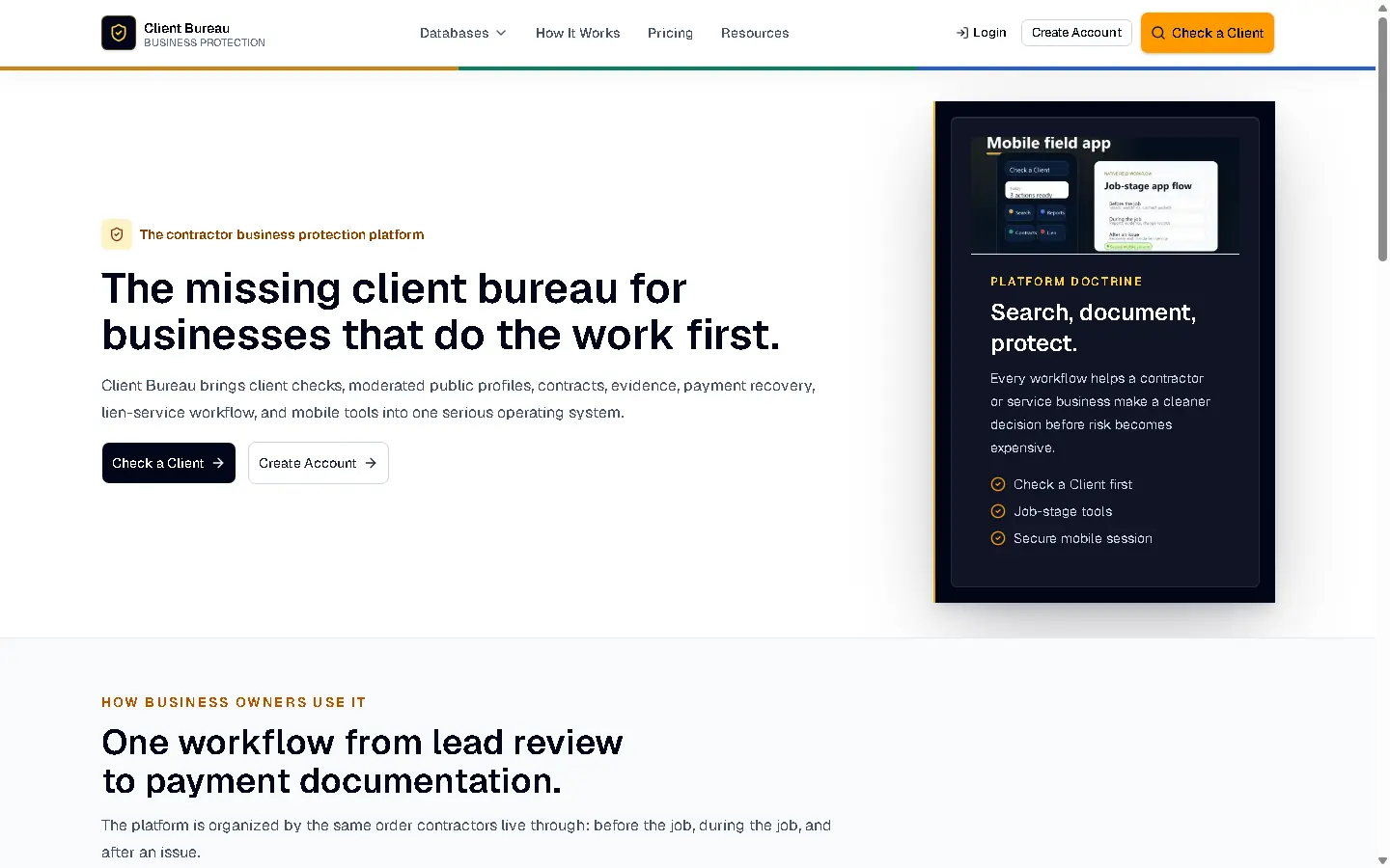 Client Bureau platform page showing its mobile field app and contractor workflow